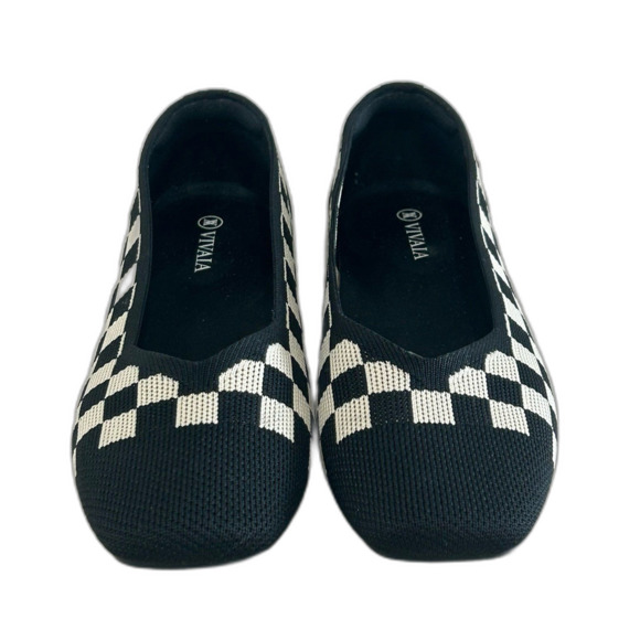 Viviana Shoes - Viviana Shoes Women's Size 39 8.5US Black Cream Margot 2.0 Checker Knit Flats
